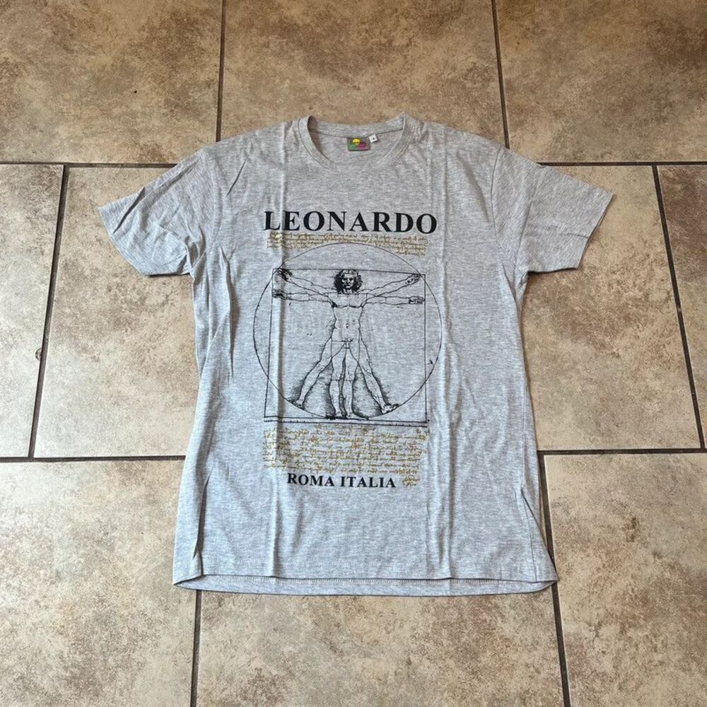 Leonardo Da Vinci Vitruvian Man Graphic Tee Gray Roma Italia Art History size L